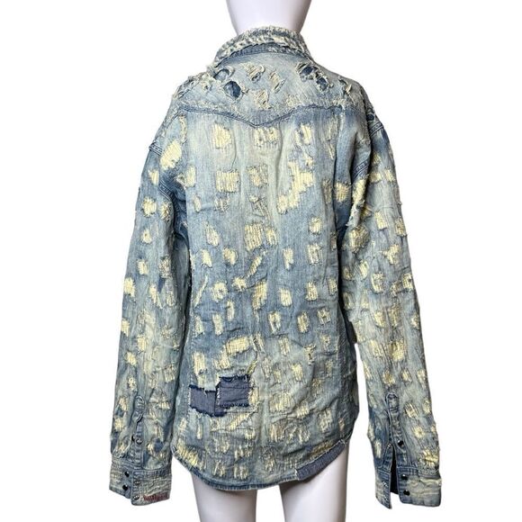 Mostly Heard Rarely Seen Grunge Long Sleeve Button down Shacket Denim Large - Picture 3 of 5